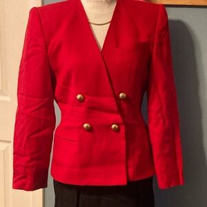 Elegant Red Double-Breasted Women's Wool Blazer with Black Wool Skirt